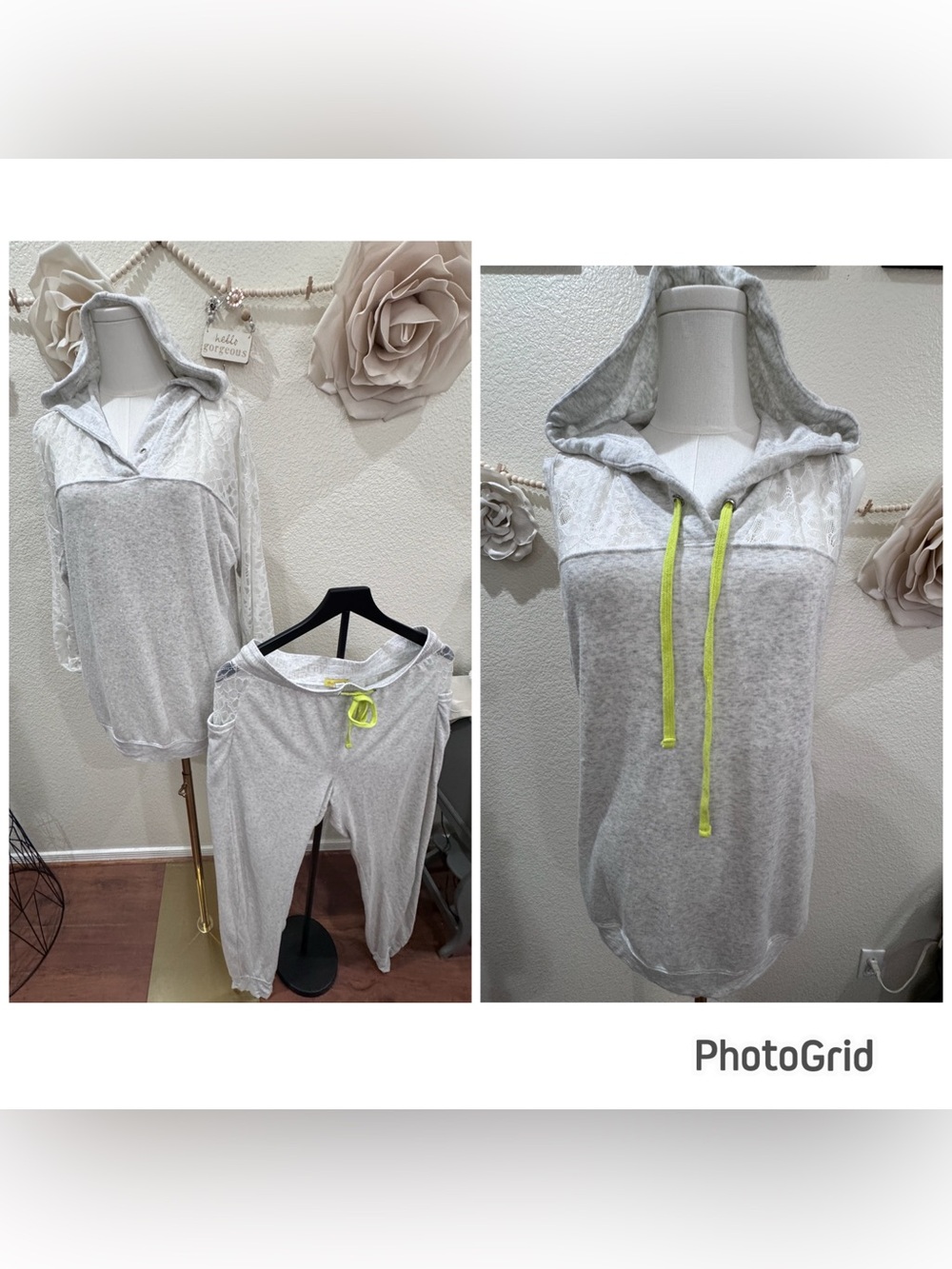 Women's fleur't with ie 3 piece set, Light Gray Hooded Pajama Set with Neon